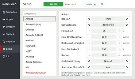 Setup › Antrieb: Regelart, Sollwertquelle, Kraft- und Geschwindigkeitsgrenzen, Rampe, Drahtlaufrichtung, Start über Motor-DI3