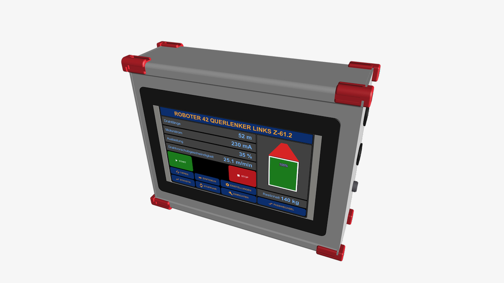 Wiresensor MWS-3 Designstudie: Aluminiumgehäuse mit 7-Zoll-Touchdisplay und Eckenschutz