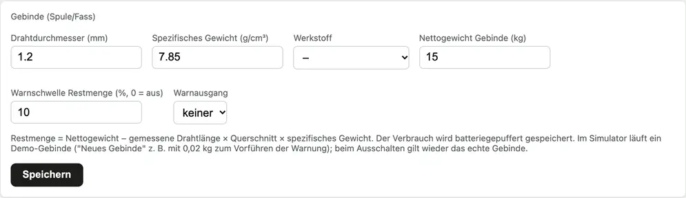 Gebinde-Einstellungen: Drahtdurchmesser, spezifisches Gewicht (Werkstoff-Vorauswahl), Nettogewicht, Warnschwelle und Ausgang