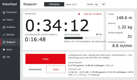 Stoppuhr: Gesamtzeit, Zeit mit bewegtem Draht und Einschaltdauer
