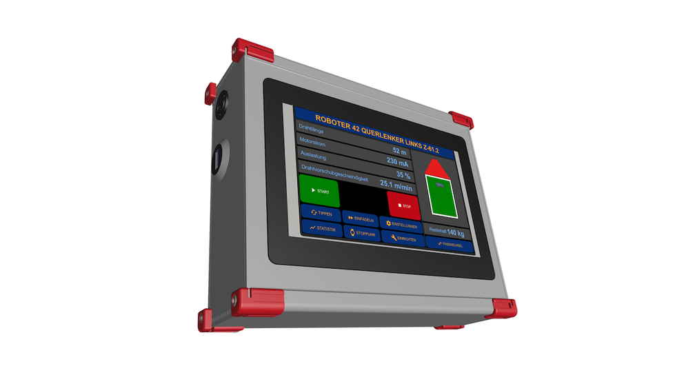 Wiresensor MWS-3 Designstudie: Seitenansicht mit M12-Steckern für Drahtsensor, Versorgung und Feldsignale