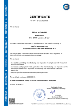Certificat selon le VdTÜV 1153 en liaison avec le document de référence AD 2000 W 0