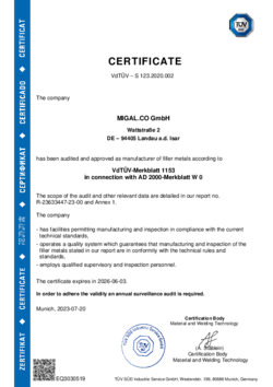 Certificat selon le VdTÜV 1153 en liaison avec le document de référence AD 2000 W 0