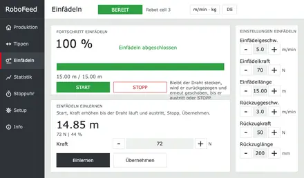 RoboFeed WireManager Einfädel-Bildschirm: Fortschrittsbalken, Start und Stopp, Einfädeln einlernen mit gemessener Länge und Kraft, Einfädel- und Rückzugseinstellungen