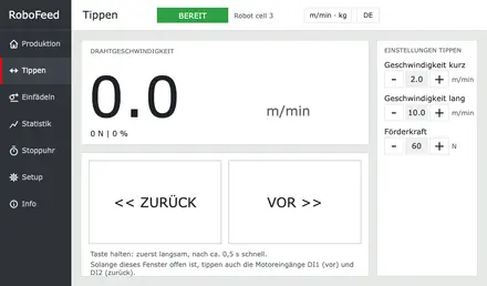 RoboFeed WireManager Tipp-Bildschirm: Tasten zurück und vor, Drahtgeschwindigkeit, Tipp-Einstellungen für kurze und lange Geschwindigkeit und Förderkraft