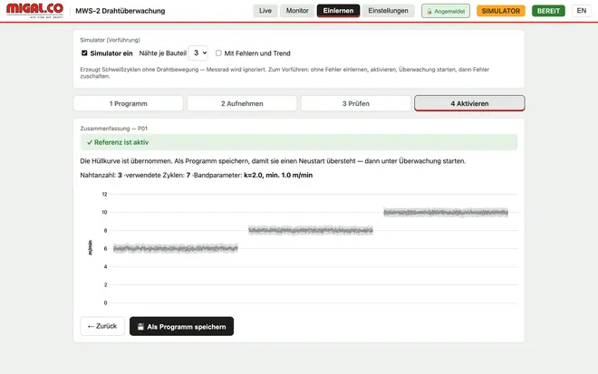 Aktivieren: die Referenz je Naht, bereit zum Speichern als Programm