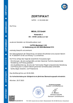 Zertifikat nach VdTÜV-Merkblatt 1153 in Verbindung mit AD 2000-Merkblatt W 0