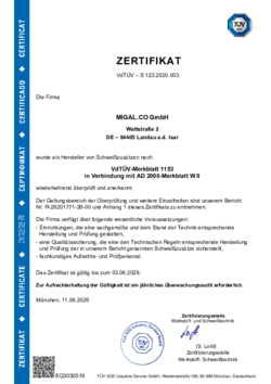 Zertifikat nach VdTÜV-Merkblatt 1153 in Verbindung mit AD 2000-Merkblatt W 0